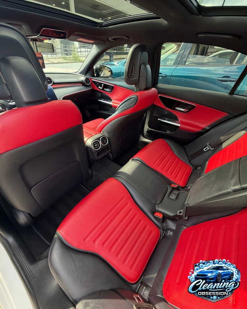 Red and black Mercedes rear seating